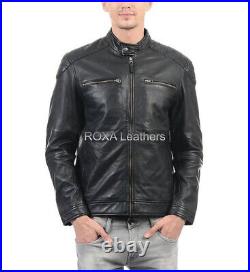 Western Men Zip Pockets Authentic Lambskin 100% Leather Jacket Black Skinny Coat