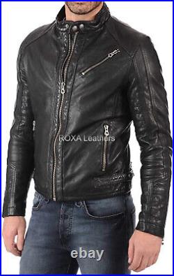 Western Men Zip Up Genuine Lambskin Natural Leather Jacket Black Motorcycle Coat