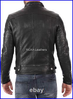 Western Men Zip Up Genuine Lambskin Natural Leather Jacket Black Motorcycle Coat