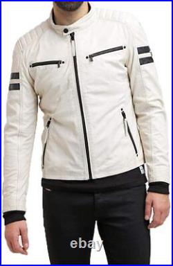 Western Men Zip Up Genuine Sheepskin 100% Leather Jacket White Trendy Style Coat