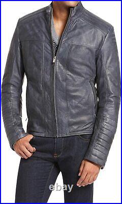 Western Men's Authentic Lambskin Leather Jacket Biker Gray High Quality Outwear