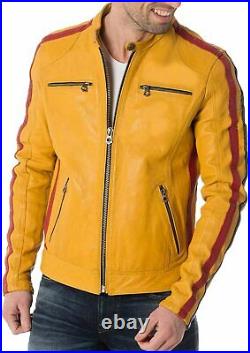 Western Men's Authentic Lambskin Leather Jacket Biker Yellow Trendy Striped Coat