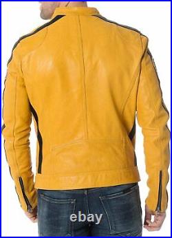 Western Men's Authentic Lambskin Leather Jacket Biker Yellow Trendy Striped Coat