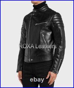 Western Men's Black 100% Genuine Cowhide Leather Jacket Soft Quilted Biker Coat