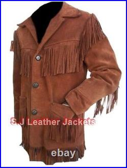 Western Men's Cowboy Real Suede Leather Coat with Fringes