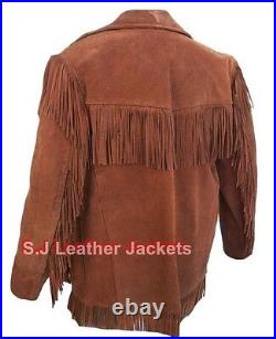 Western Men's Cowboy Real Suede Leather Coat with Fringes