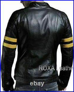 Western Men's Genuine Lambskin Pure Leather Jacket Biker Black Coat Yellow Strip