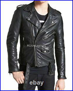Western Men's Genuine Lambskin Real Leather Jacket Black Biker Faux Belted Coat