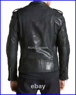 Western Men's Genuine Lambskin Real Leather Jacket Black Biker Faux Belted Coat