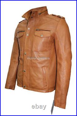 Western Men's Genuine Lambskin Real Leather Jacket Tan Zipper Button Biker Coat