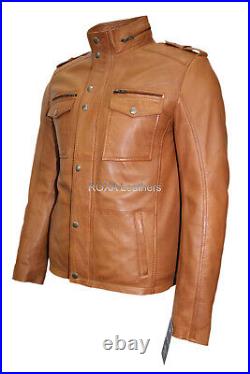 Western Men's Genuine Lambskin Real Leather Jacket Tan Zipper Button Biker Coat