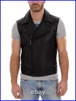 Western Men's Genuine Lambskin Real Leather Waist Jacket Black Quilted Vest Coat