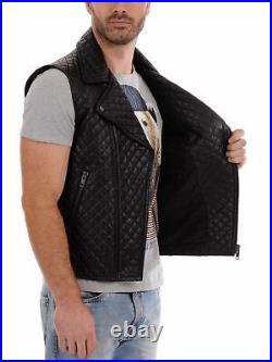 Western Men's Genuine Lambskin Real Leather Waist Jacket Black Quilted Vest Coat