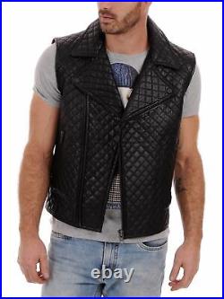 Western Men's Genuine Lambskin Real Leather Waist Jacket Black Quilted Vest Coat