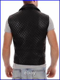 Western Men's Genuine Lambskin Real Leather Waist Jacket Black Quilted Vest Coat