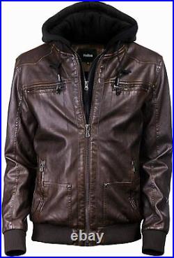 Western Men's Genuine Sheepskin 100% Leather Jacket Soft Hooded Casual Wear Coat