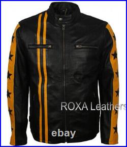 Western Men's Genuine Sheepskin Natural Leather Jacket Black Stripped Biker Coat