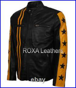 Western Men's Genuine Sheepskin Natural Leather Jacket Black Stripped Biker Coat