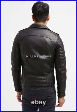Western Men's Quilted Coat Authentic Lambskin Real Leather Black Collared Jacket