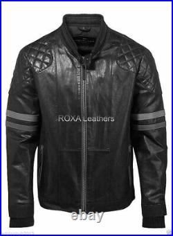 Western Men's Quilted Genuine NAPA Real Leather Jacket Stripped Black Coat