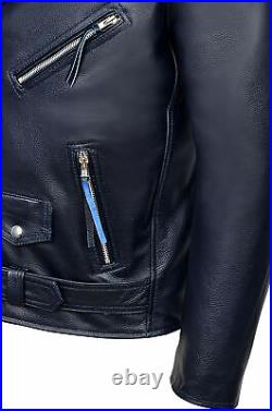 Western Men's Sheepskin Leather Stylish Jacket Motorcycle Biker Blue Belted Coat