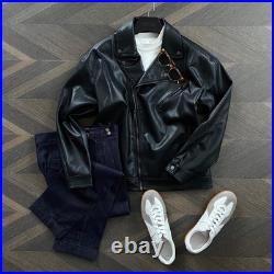 Western Mens Lapel Collar PU Leather Motorcycle Jacket Coat Zipper Short Outwear