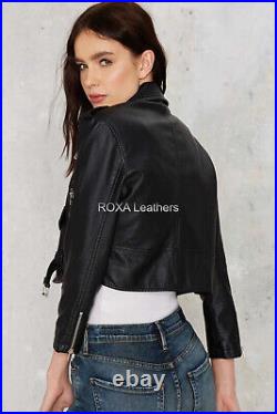 Western Model Women Crop Black Coat Genuine Lambskin Natural Leather Zip Jacket