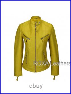 Western Model Women Genuine Sheepskin 100% Leather Yellow Jacket Motorcycle Coat