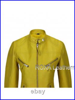 Western Model Women Genuine Sheepskin 100% Leather Yellow Jacket Motorcycle Coat