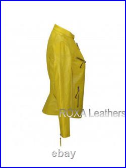 Western Model Women Genuine Sheepskin 100% Leather Yellow Jacket Motorcycle Coat