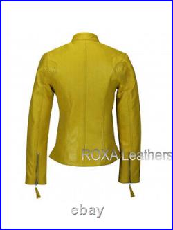 Western Model Women Genuine Sheepskin 100% Leather Yellow Jacket Motorcycle Coat