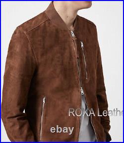 Western Pattern Men Authentic Suede Real Leather Jacket Biker Winter Bomber Coat