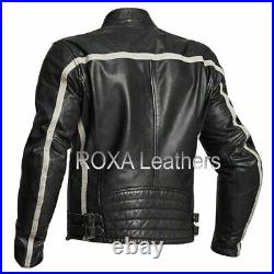 Western Pattern Men Striped Genuine Lambskin Real Leather Jacket Motorcycle Coat