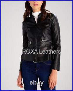 Western Pattern Women Genuine Lambskin Real Leather Jacket Black Club Wear Coat