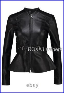 Western Pattern Women Genuine Lambskin Real Leather Jacket Black Club Wear Coat