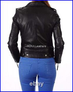 Western Rider Women Authentic Sheepskin 100% Leather Jacket Black Biker Zip Coat