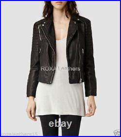 Western Style Ladies Genuine Sheepskin 100% Leather Jacket Black Motorcycle Coat