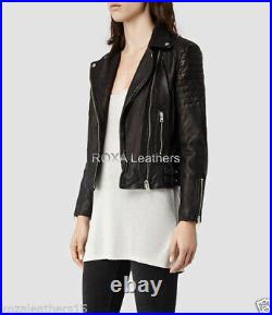 Western Style Ladies Genuine Sheepskin 100% Leather Jacket Black Motorcycle Coat