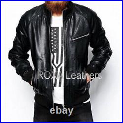 Western Style Men's Genuine Lambskin Real Leather Jacket Bomber Black Party Coat