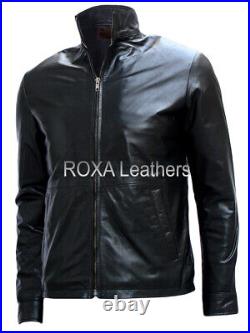 Western Style Men's Genuine Lambskin Real Leather Jacket Stand Collar Biker Coat