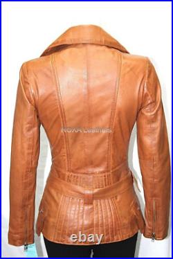 Western Style Women Genuine Lambskin Pure Leather Collar Jacket Belt Pocket Coat Western Style Women Genuine Lambskin Pure Leather Collar Jacket Belt Pocket Coat