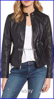 Western Style Women Genuine Lambskin Real Leather Jacket Black Casual Wear Coat