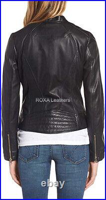 Western Style Women Genuine Lambskin Real Leather Jacket Black Casual Wear Coat