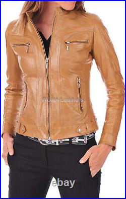 Western Style Women Genuine Sheepskin Natural Leather Jacket Soft Tan Biker Coat