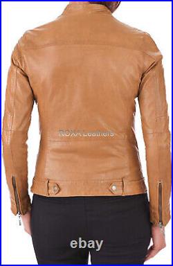 Western Style Women Genuine Sheepskin Natural Leather Jacket Soft Tan Biker Coat