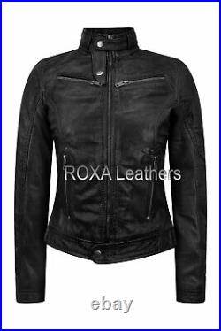 Western Style Women Stand Collar Coat Genuine Lambskin Pure Leather Biker Jacket