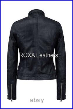 Western Style Women Stand Collar Coat Genuine Lambskin Pure Leather Biker Jacket