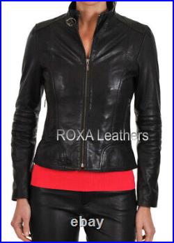 Western Style Women's Genuine Lambskin Real Leather Jacket Black Neck-Belt Coat