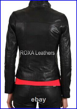 Western Style Women's Genuine Lambskin Real Leather Jacket Black Neck-Belt Coat