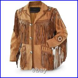 Western Suede Leather Jacket Men Native American Cowboy Jacket Fringe & Beads